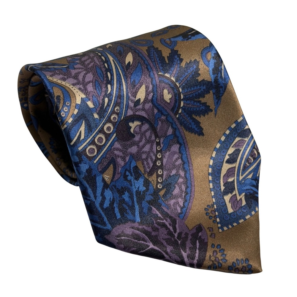 VTG Ketch Necktie Brown Blue Purple Paisley Floral Pattern Retro Mens